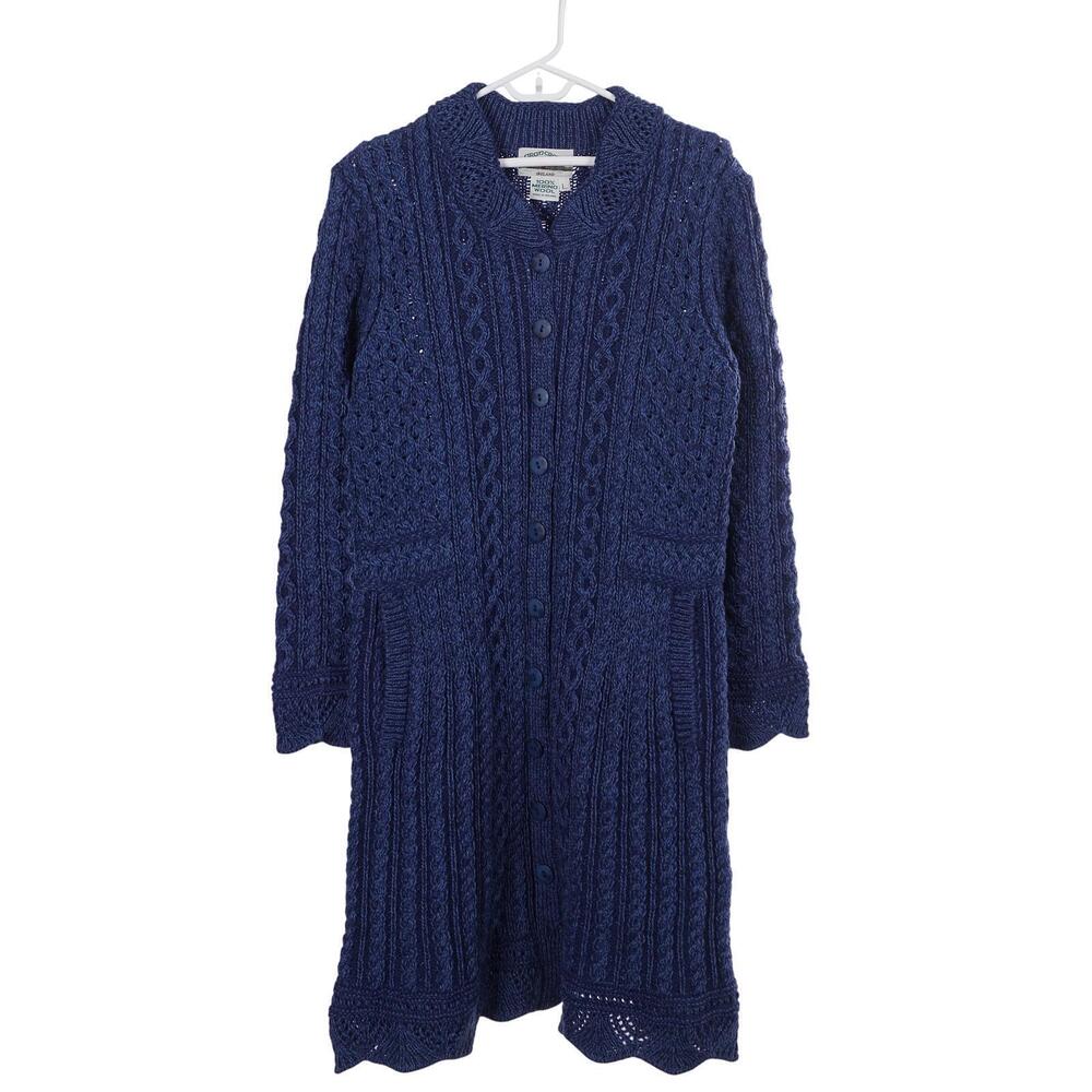 Aran Crafts Long Cardigan L Blue Merino Wool Chunky Cable Knit Pockets Ireland